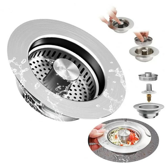 3 In 1 Kitchen Sink Drain Strainer Stopper Combo Pop Up Basket Stainless Steel, Pop up Sink Stopper with Copper Bounce Core, Sinks Food Catcher for US Standard