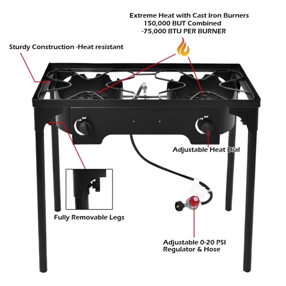 Pemberly Row Double Burner Gas Cooker Outdoor Picnic Stove Stand BBQ Grill