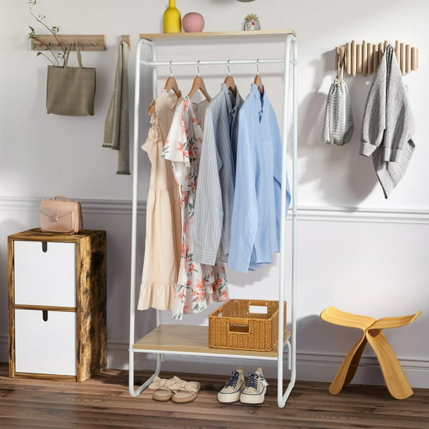 COOKCOK Clothes Rack for Hanging Clothes with 2 Wood Shelves Freestanding Clothing Rack Easy to Assemble Garment Rack Metal Sturdy Design Small Space Storage Rack White Walmart Business Supplies