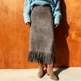 thumbnail image 3 of Women's Faux Suede Fringe Trim Skirt High Waisted Pencil Dressy Midi Skirts Vintage Tassell Long Skirt for Fall Winter, 3 of 6