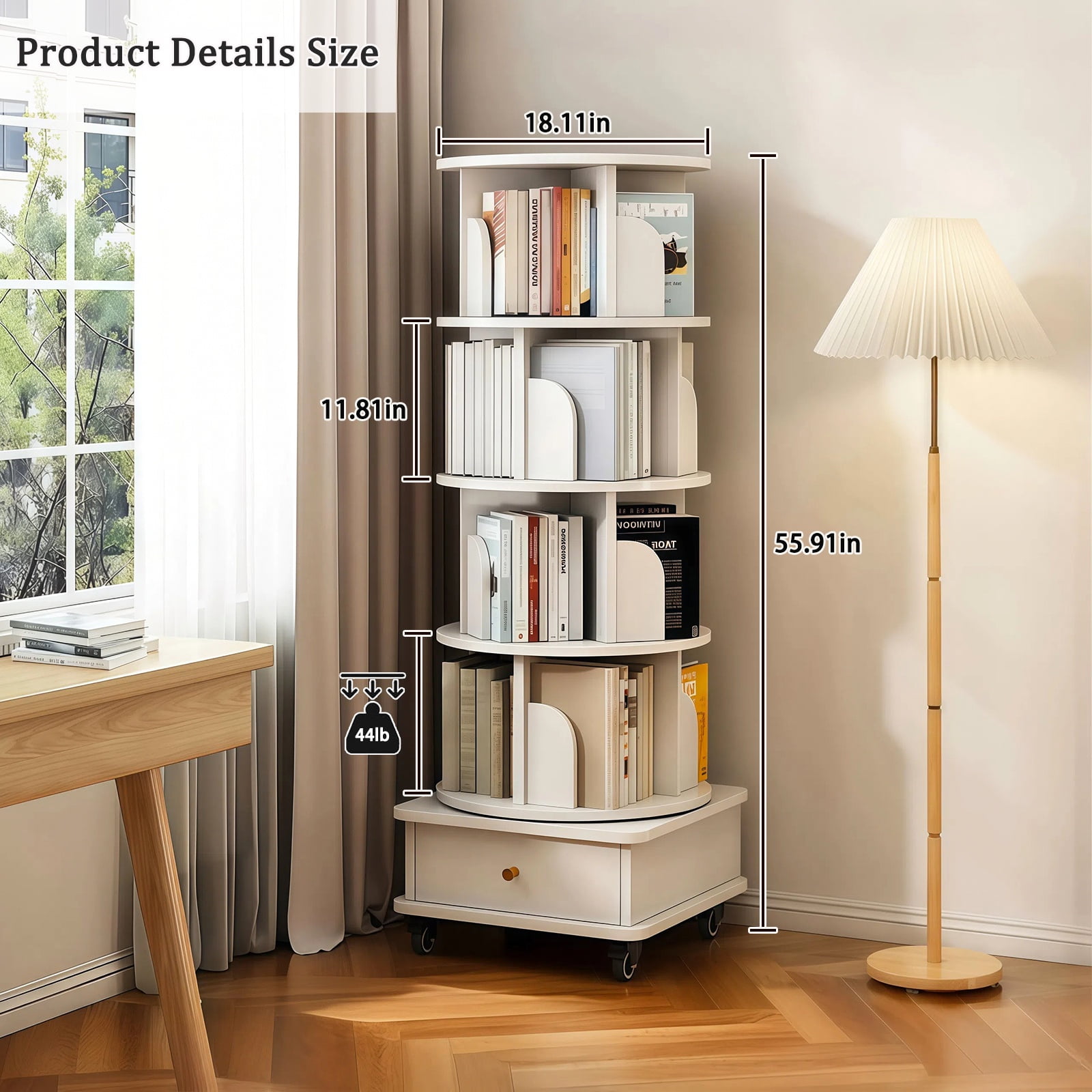 Paproos 5 Tier Rotating Bookshelf, 360° Display Wood Spinning Bookshelf Tower with Wheels and Bottom Drawer, Small Rotating Bookcase, Corner Book Shelf for Home Office, Bedroom, Warm White