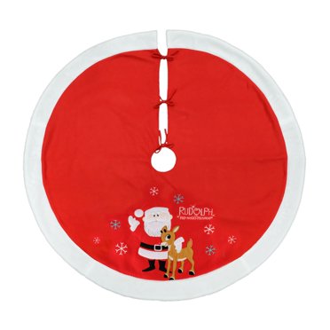 Kurt Adler 50" Red & White Embroidered Santa And Reindeer Tree Skirt – Polyester Holiday Decor