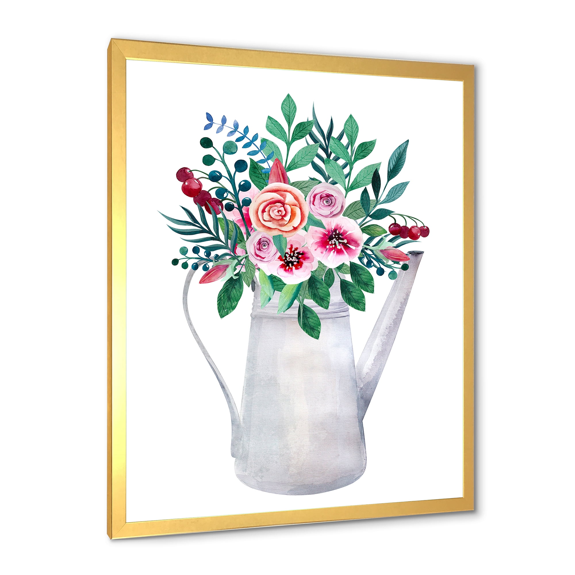 Bouquets of Flowers In Rustic Flowering Pot With Berries 20 in x 20 in Framed Painting Canvas Art Print, by Designart