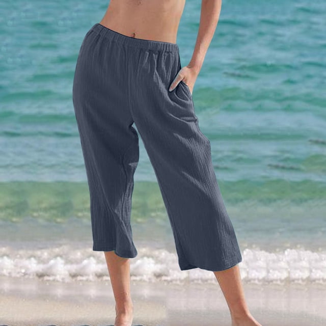 CFLVAEK Going Out Capri Pant with Pocket for Women Baggy Solid Ruched Beach Pant Flowy Fall Casual Straight Pedal Pushers Lightweight Mid Rise Wide Leg Pants