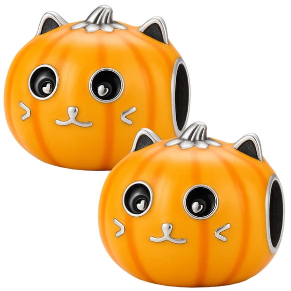 Dije halloween calabaza gato plata CharmPumpkinCat 2Pzas Plata S925 Chapa Charm Separador Gato calabaza Naranja/Negro/Pl