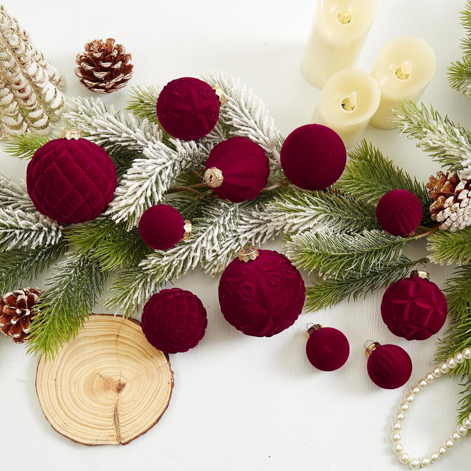 Lot 46 Boules De Noël En Velours Rouge Vin - 3 Tailles, Floqué, Incassable, Déco Vintage Arbre & Maison
