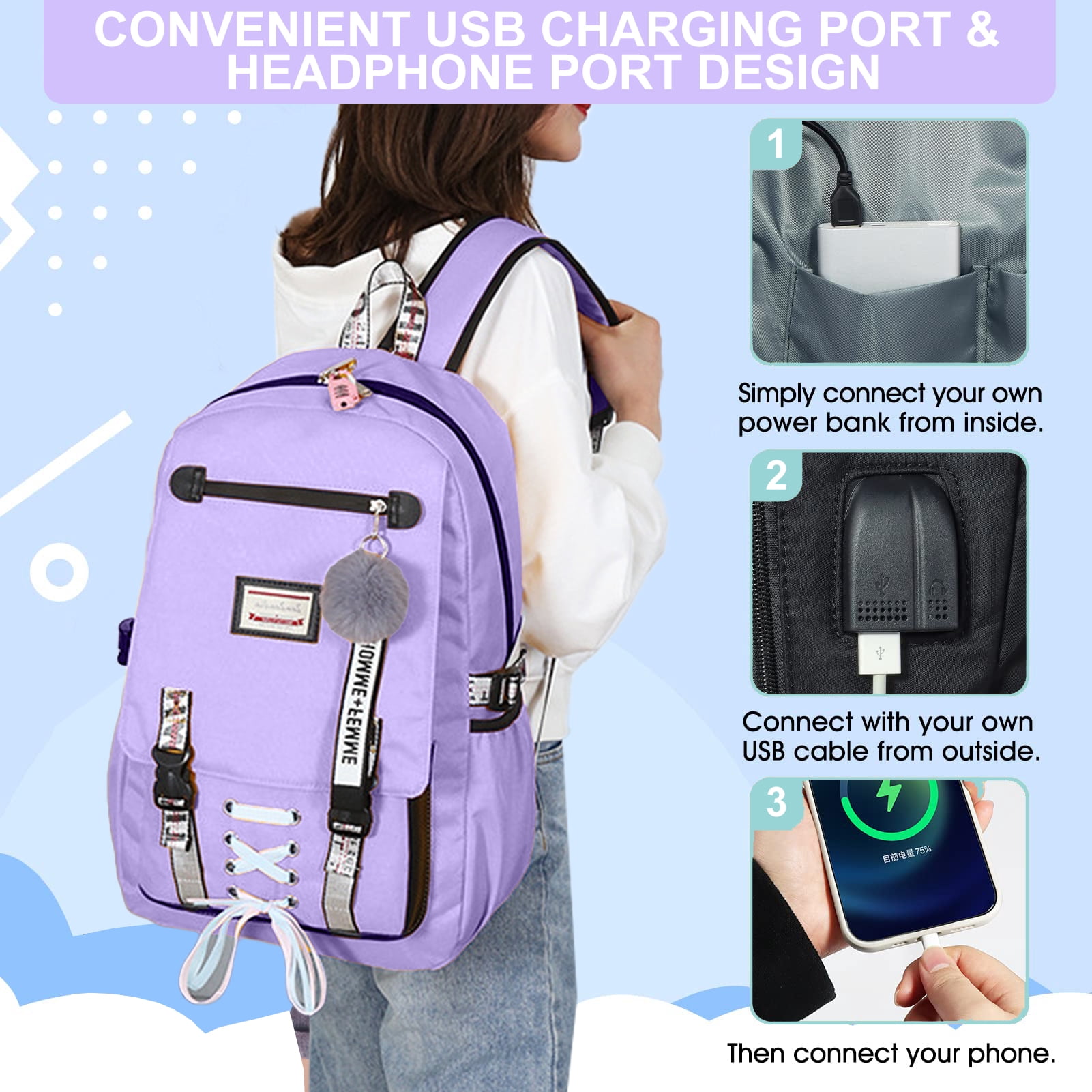 DAKIMOE Fashion Teenage School Backpack Student Middle School bag Men and Women Anti-theft Laptop Backpack with USB Charging Port, Purple