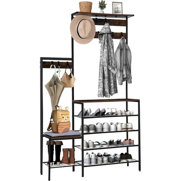 Hall Tree with Bench and Shoe Storage, Entryway Coat Rack Shoe Bench with Mat, Freestanding 4-in-1 Coat and Shoe Rack with Wall Rack 9 Hooks Top Shelf for Entrance Foyer Rustic Brown
