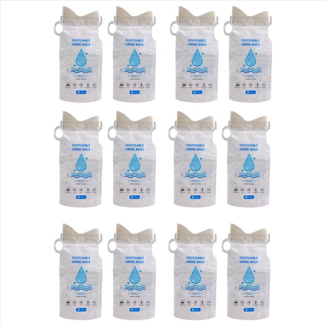 bolsa de orina de emergencia portátil desechable de 700ml de 12 piezas, doce bolsas blancas frontales con boquilla de vertido y anilla, gráfico azul de gota y texto "DISPOSABLE URINE BAGS", aprox. 30x15 cm, PR+IXPE+SAP, plegables y aptas para camping, viajes y emergencias; también suelen usarse para contener vómito u otros líquidos en situaciones de urgencia.