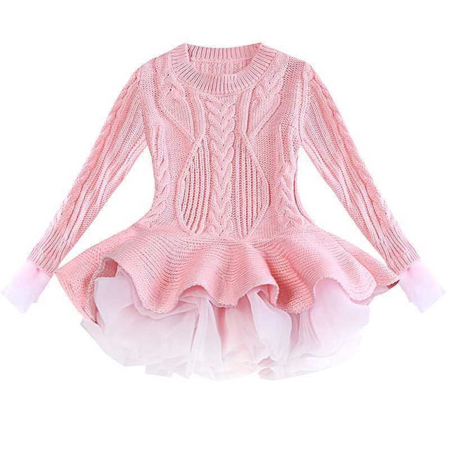 VKOYWKM Robe Chandail Tricotée pour Filles à Manches Longues, Col Ras du Cou, Robe Tutu, Douce, Unie, Patchwork en Tulle, Robes d'Hiver, Concours, Princesse