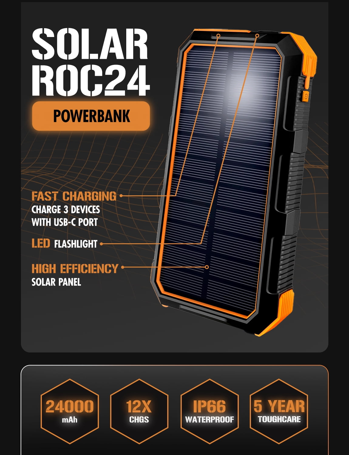 ToughTested ROC24 24,000mAh Solar Power Bank with USB-C PD 18W & Dual USB-A Ports, LED Flashlight, IP66 Rugged Waterproof Portable Charger for Camping, Travel & Emergency Power