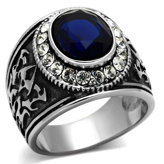 Mens Ring Silver Blue Unique Round Stainless Steel Ring with Synthetic Synthetic Glass in Montana