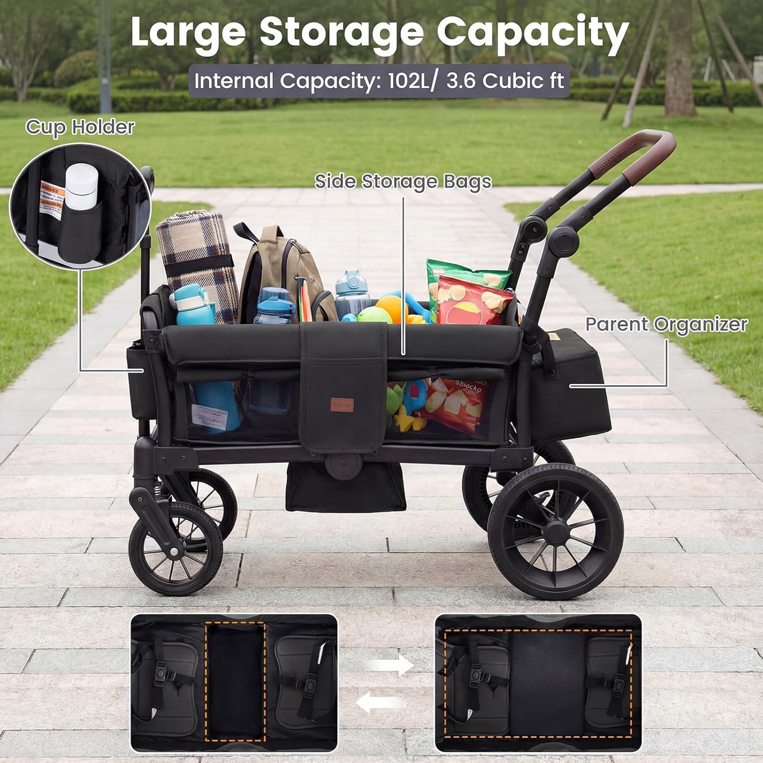 INFANS Wagon Stroller for 2 Kids, Foldable Wagon Cart with Adjustable Handle Pull Bar, Removable Canopy, Footwell, Snack Tray, Harnesses for Infants Toddlers 6-36 Months