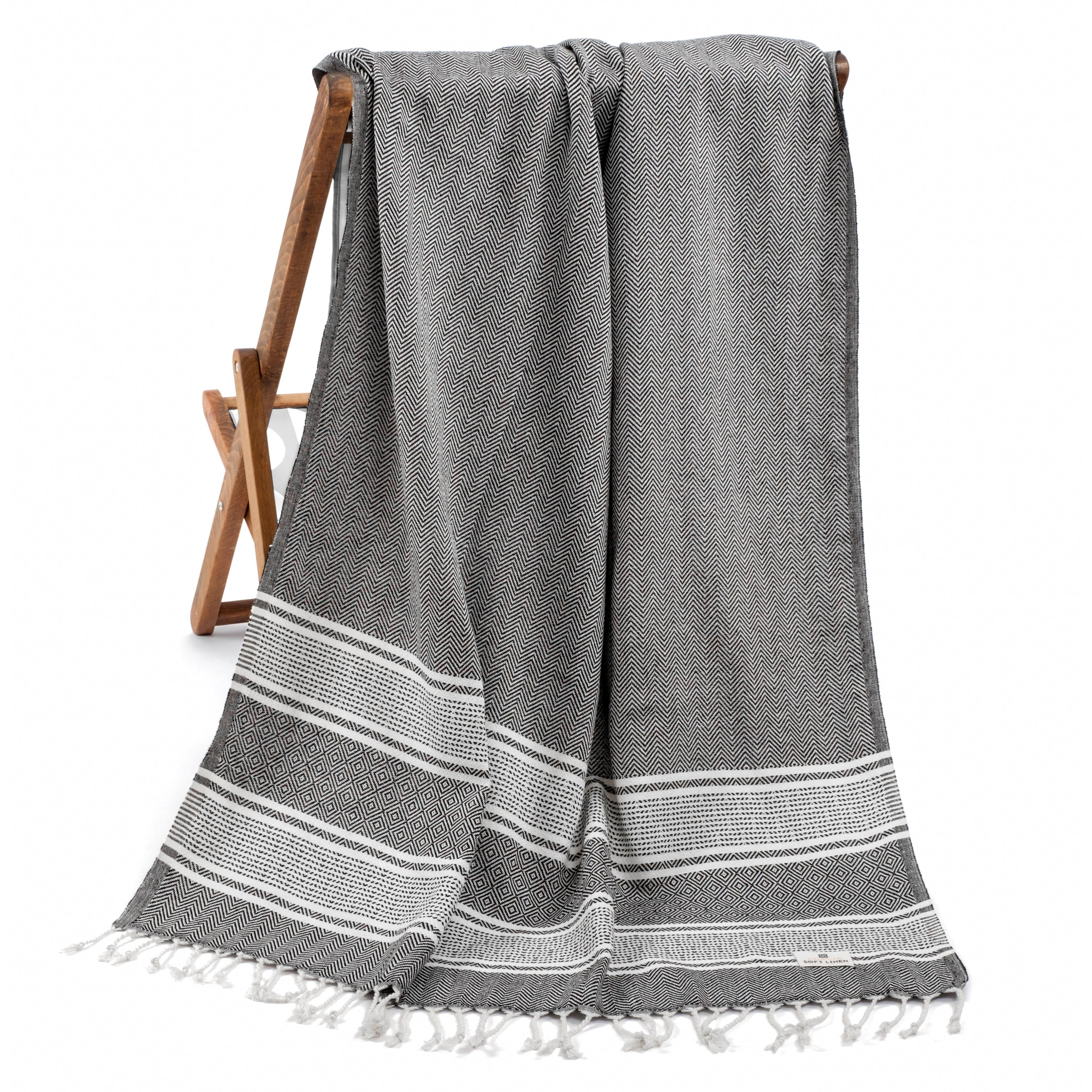 American Soft Linen Turkish Peshtemal Beach Towels, 35" x 65" size 4 Pack Swim Towels for Beach and Pool Towels, Black Stripe