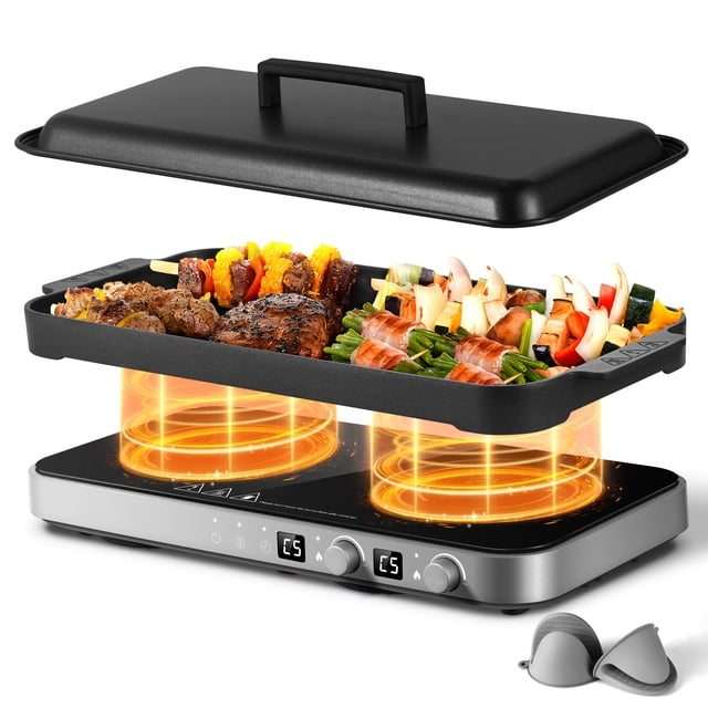 Aobosi Portable Double Induction Cooktop with Removable Griddle Pan Non-stick, 1800W 2 burner Induction Hot Plate With Sensor Touch 9 Power Levels, 99 Min Timer,Great for Family Party
