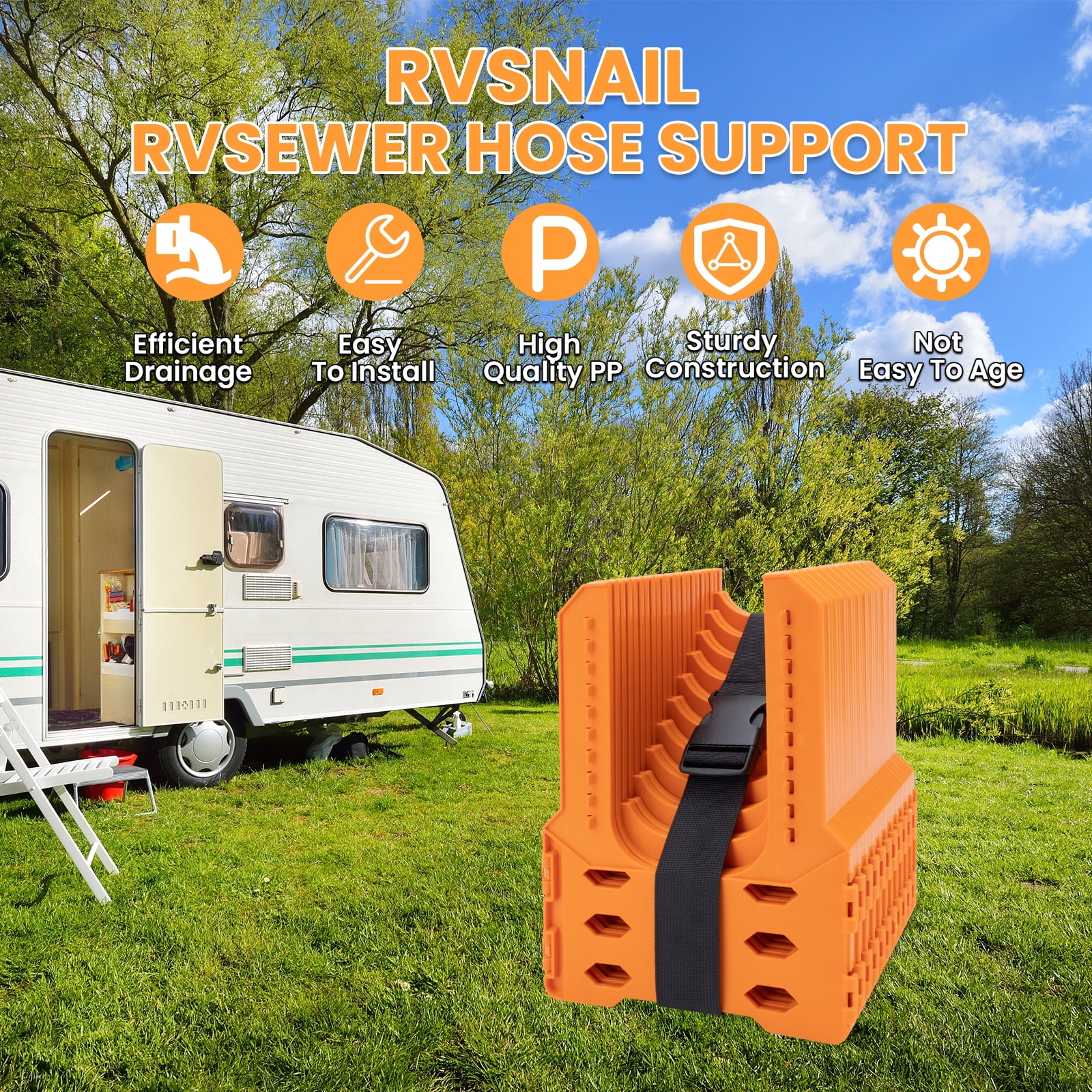 RV Sewer Hose Support, 10FT Adjustable RV Hose Support Holder Camper Sewer Hose Support for Fast & Secure Dumping with carrying Strap, Orange