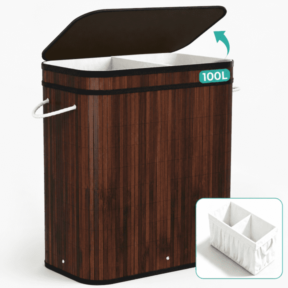 MEHOOM 100L Bamboo Laundry Hamper with Lid, Foldable Clothes Basket for Bedroom, Laundry Room, Small Spaces (Brown)