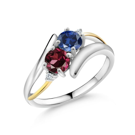 Gem Stone King 1.22 Ct Blue Created Sapphire Red Rhodolite Garnet 925 Silver and 10K Yellow Gold Lab Grown Diamond Two Stone Crossover Ring (Size 6)
