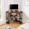 thumbnail image 4 of VECELO Corner Computer Desk with Keyboard Tray and Storage Shelf, Home Office Study Workstation Table , Light Brown, 4 of 8