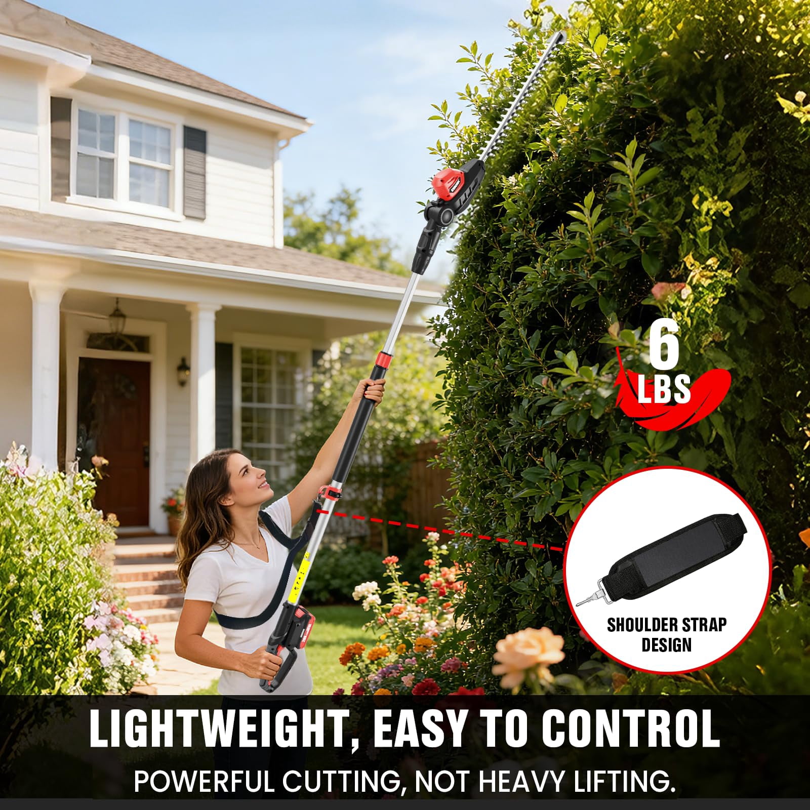 EWORK 20V Cordless Pole Hedge Trimmer, 18-inch Blade, 11-Angle Pivoting Head, 6.3-8.6 ft Reach, 6 lbs, 2 Batteries and Charger Included