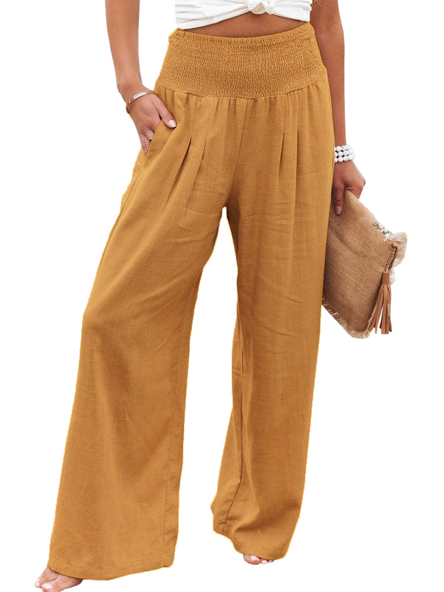Women Cotton Linen Pant High Waist Wide Leg Palazzo Lounge Smock Casual  Trouser with Pocket - Walmart.com