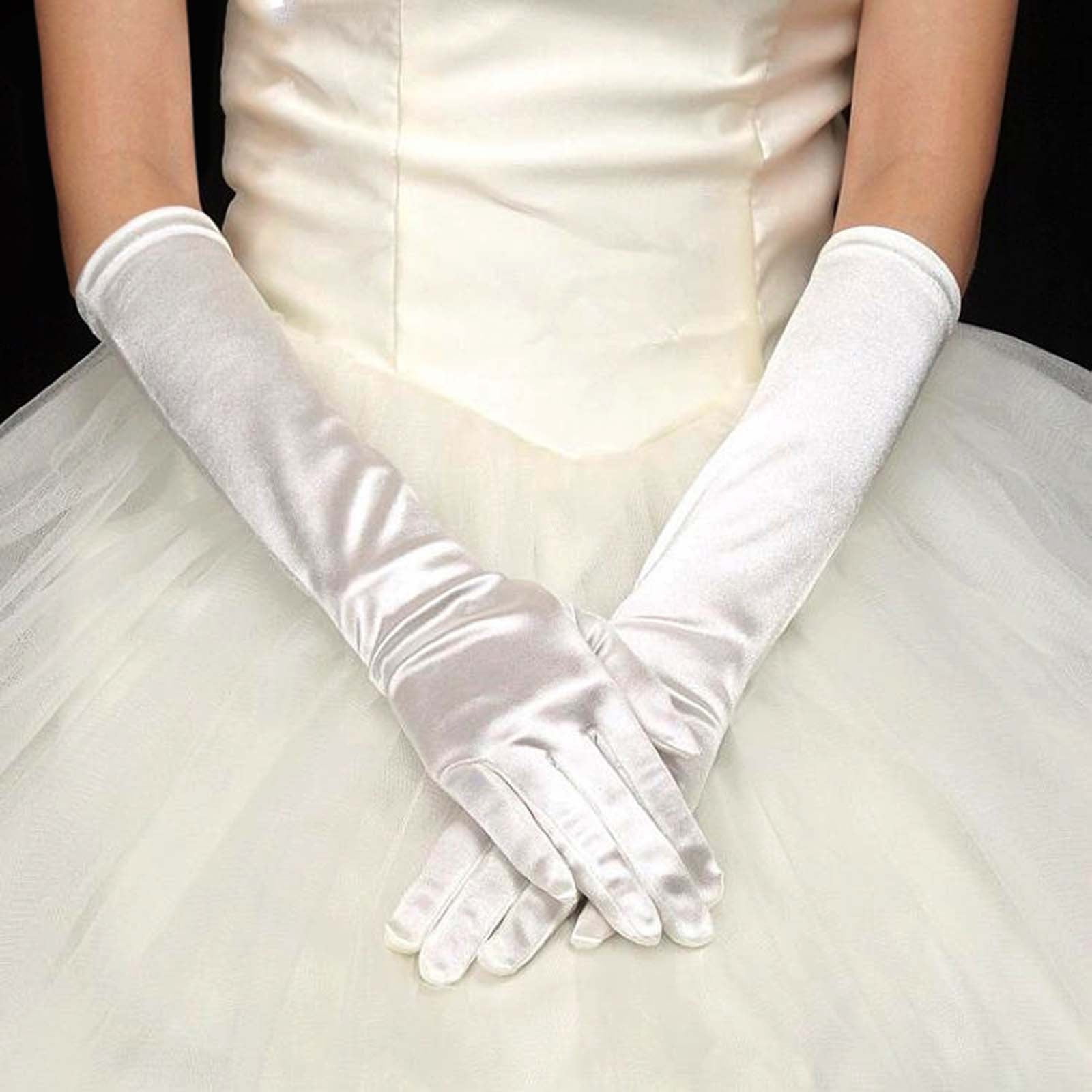 22" White Stretchy Satin Wedding Bridal Opera Prom Party Fancy Dress Gloves 