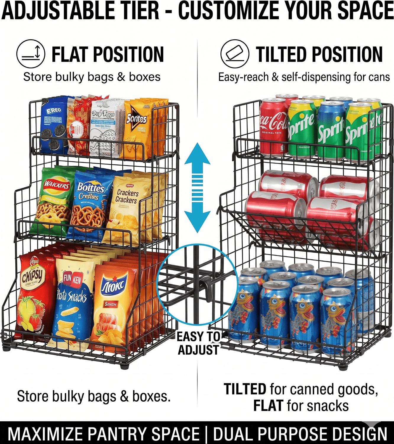 X-COSRACK 3-Tier Snack Organizer Rack, Foldable Metal Wire Canned Food Holder with Adjustable Tilt, 11.8"x9.4"x16.5"