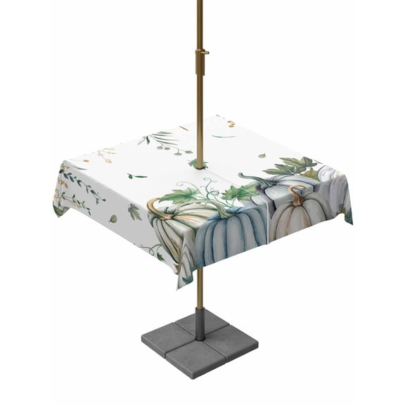 Outdoor Tablecloth with Umbrella Hole and Zipper, Green Blue Pumpkins Fall Square Table Cloth 60x60 Inch Waterproof Tablecloth, Thanksgiving Eucalyptus Leaves Picnic Table Cover for Patio Camping