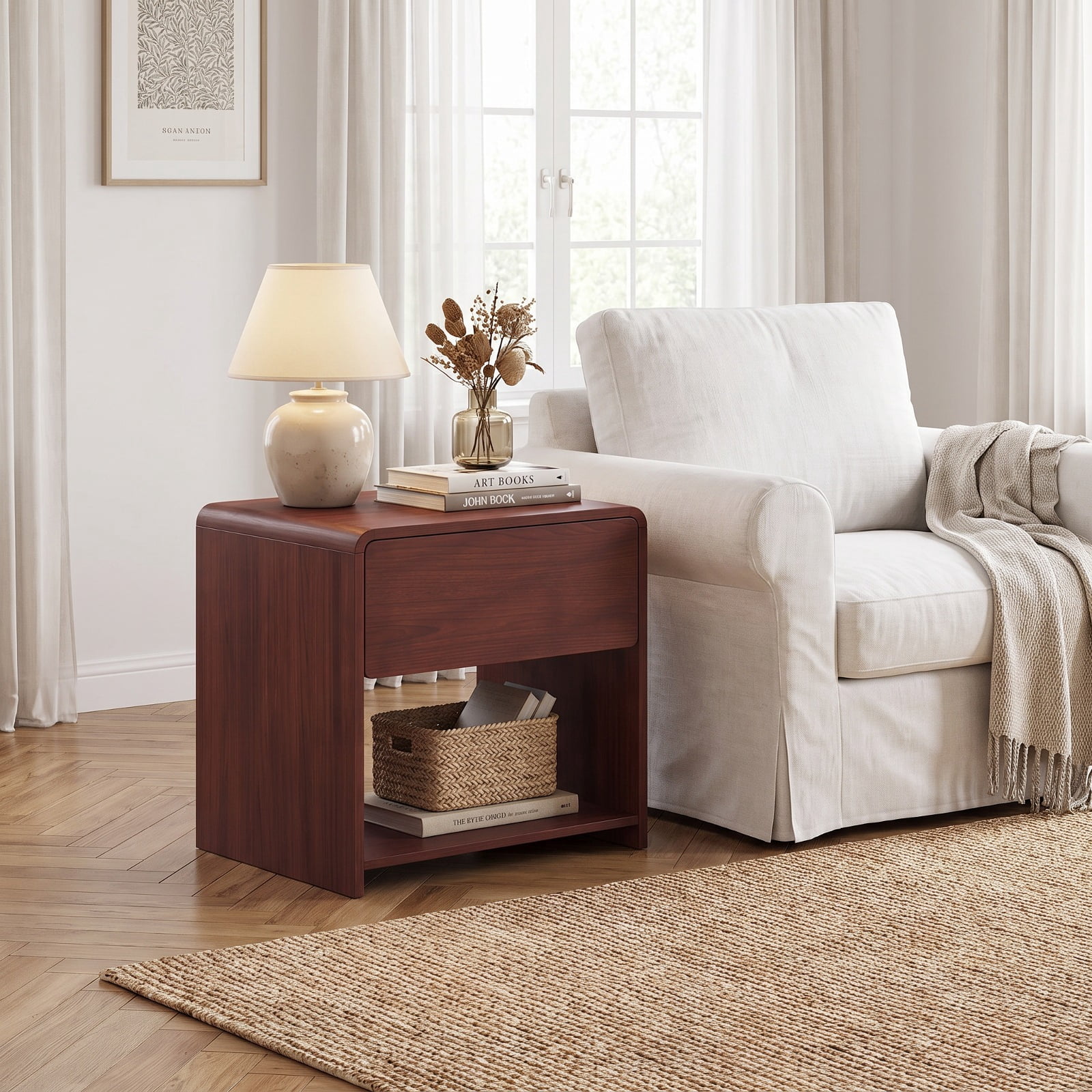 Furnibear 2-Tier Modern Style Nightstand with Drawer and Open Shelf for Bedroom for Bedroom Living Room Bedside Sofa Side Small Space, Walnut