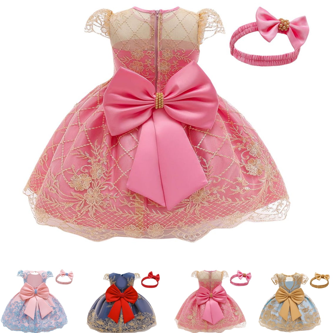 0-2 Years Baby Girls Pageant Lace Dresses Toddler Party Embroideryr Dress with Headwear 