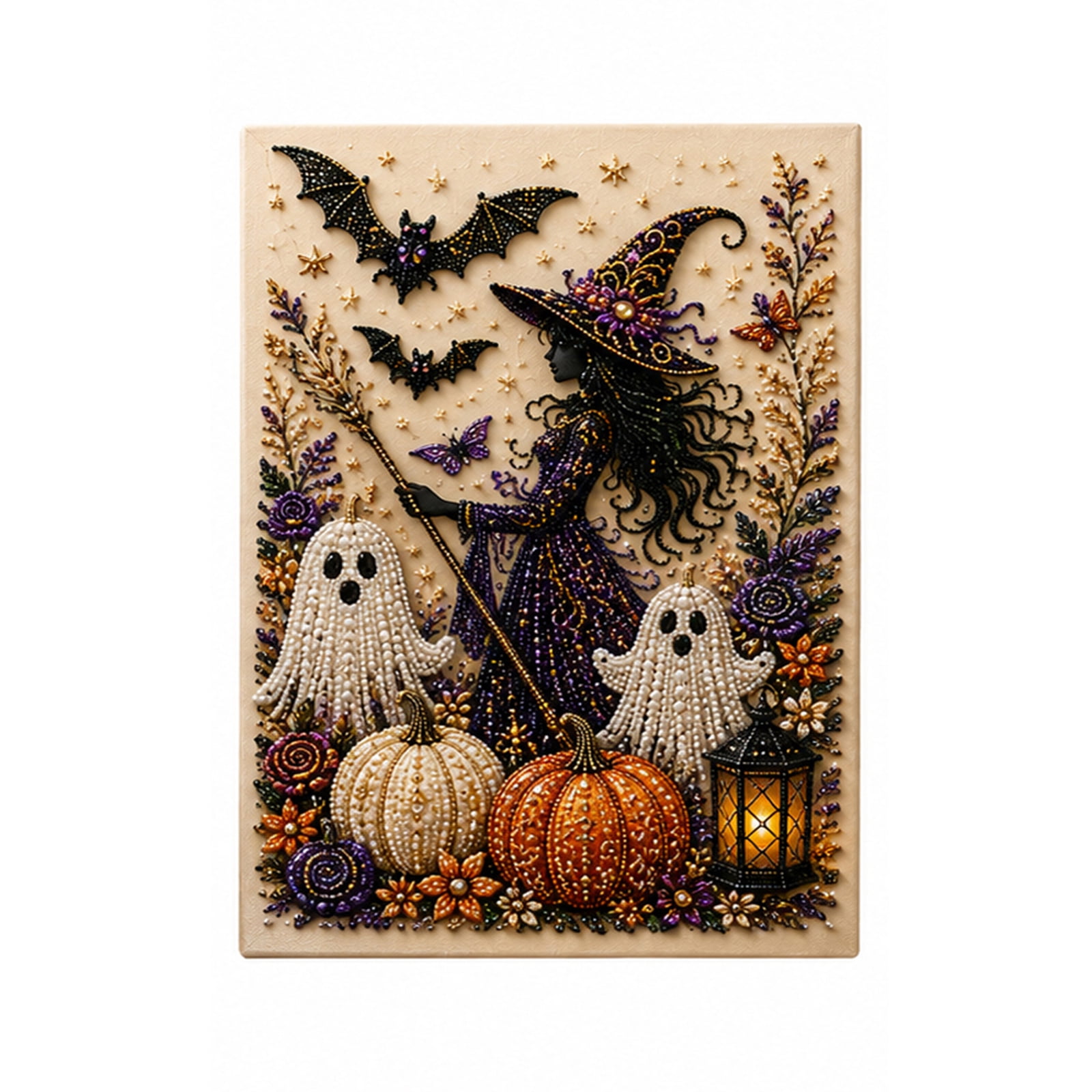 Adult Halloween Beginner Craft Kit Framed 3D Pearl Bead Diamond Painting Whimsical Witch and Ghost Design DIY Fall Wall Art for Home and Holiday Party Gifting