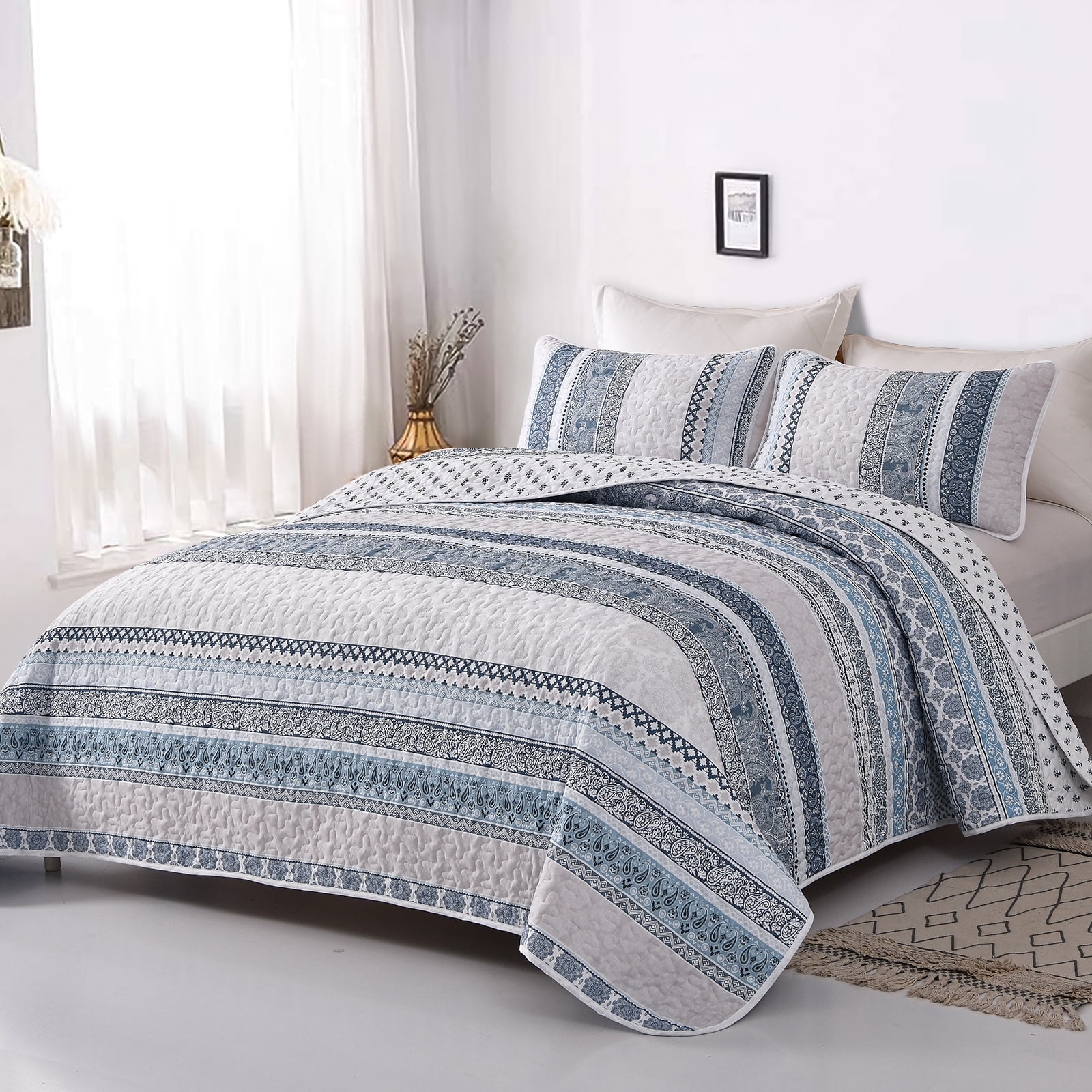 Dintszyayue Bohemian Quilt Set King Size, 3 Pcs Stripe Bedding Sets Lightweight Adult(90"x110")