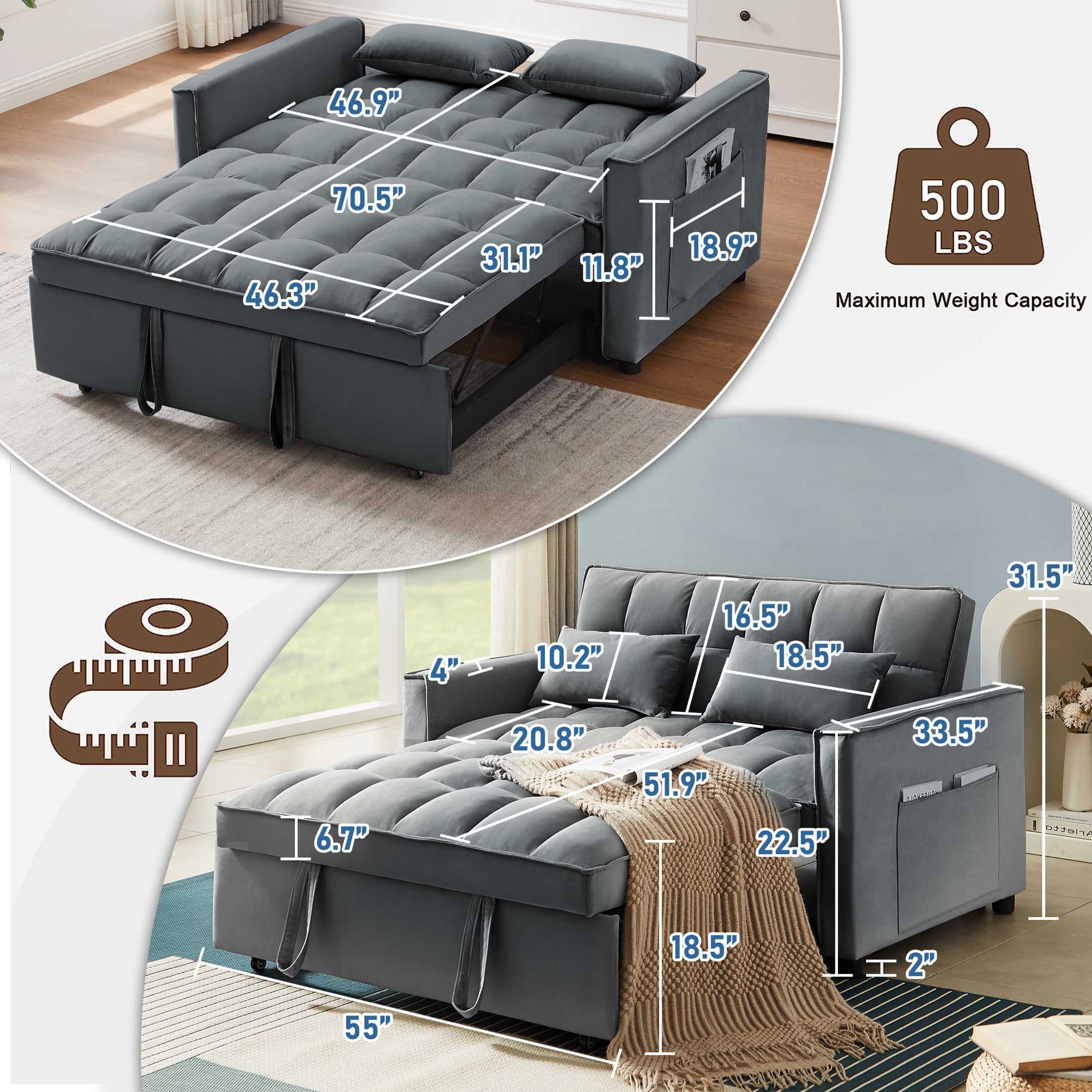 DEALTOPS Loveseat Convertible Pull Out Sleeper Sofa Bed, Gray