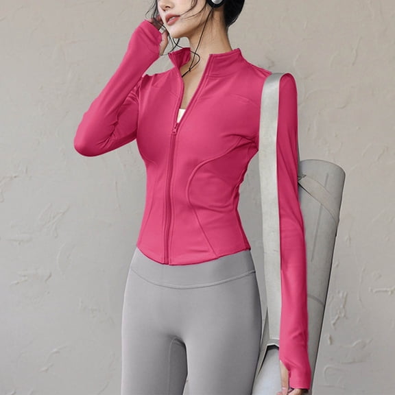 Elvqul Womens Sports Tops Hot Pink Slim Shirts Yoga Collar Tunic Winter Long Sleeve Jacket for Ladies Solid Color
