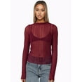 thumbnail image 6 of Women Sexy- See Through Long Sleeve T-Shirts Mesh Sheer Skinny Rib Scalloped Trim Tees Blouse Top Outfits Wine Red XL, 6 of 8