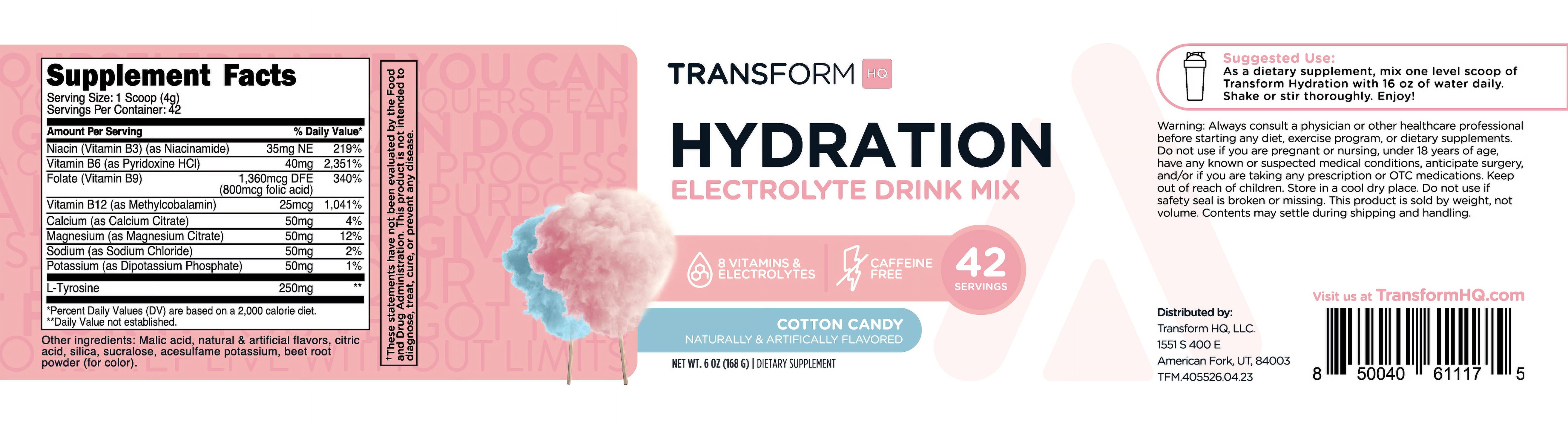 TransformHQ Hydration 42 Servings (Cotton Candy) - Electrolytes, Mental Clarity, Vitamins