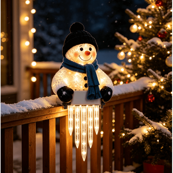 Snowman Icicle Light Decor, Charming Winter‑Themed Lighted Decor, Shatter‑Resistant Build, Clamp‑On Railing Fit For Deck, Balcony And Outdoor Christmas Celebrations