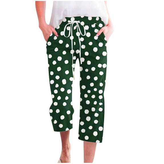 Jalioing Womens Plus Size Capri Pant Summer Casual Capris Polka Dot Print Drawstring Classic Cropped Pants