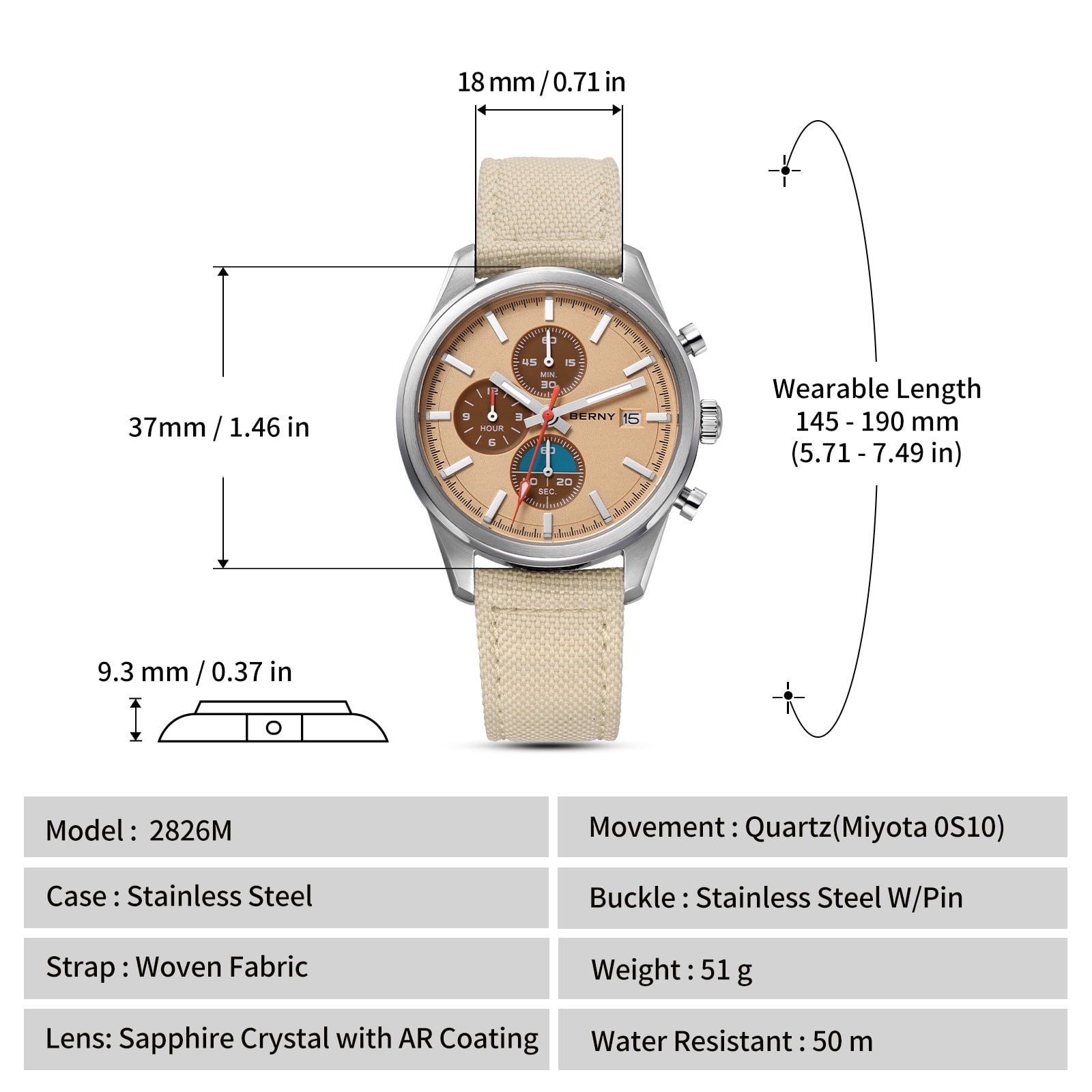 BERNY Mens Watches Analog Quartz Chronograph Watch with Date Canvas Strap Luminous Sapphire Crystal Luxury Fashion Business Casual 50M Waterproof Wrist Watches for Men (Brown)