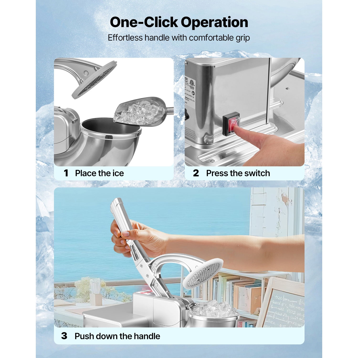 KFFKFF Commercial Ice Crusher 661LBS/H, 350W Electric Snow Cone Machine with 4 Blades, 2000RPM Stainless Steel Shaved Ice Maker with 11 Gal Ice Storage Box, Ideal for Homes, Restaurants, and Bars