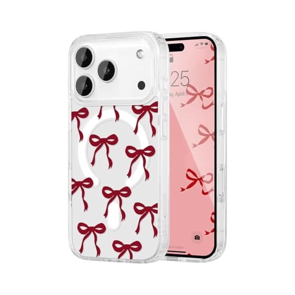 ZHU997 Magnetic for iPhone 17 Pro Max Case, Bow Case Compatible with MagSafe, Wireless Slim Clear Ribbon Aesthetic Phone Cover Anti-Yellowing Shockproof Protective Cover for Women Girl - Burgundy