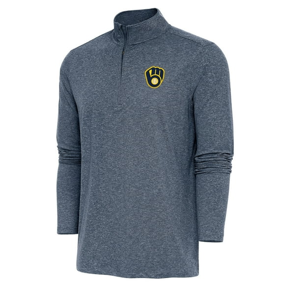 Men's Antigua Heather Navy Milwaukee Brewers Hunk Quarter-Zip Pullover Top