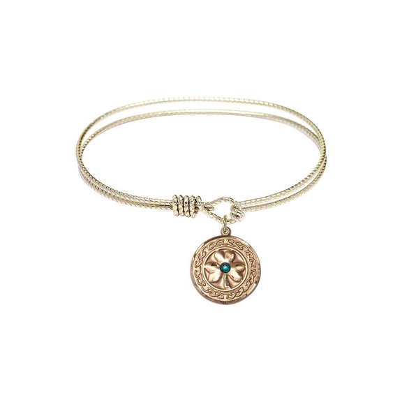 7 1/4 inch Oval Eye Hook Bangle Bracelet w/ Shamrock w/ Celtic Border medal charm w/ May Green Swarovski Crystal