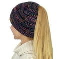 thumbnail image 2 of C.C BeanieTail Soft Stretch Cable Knit Messy High Bun Ponytail Beanie Hat, Black/Multi, 2 of 4