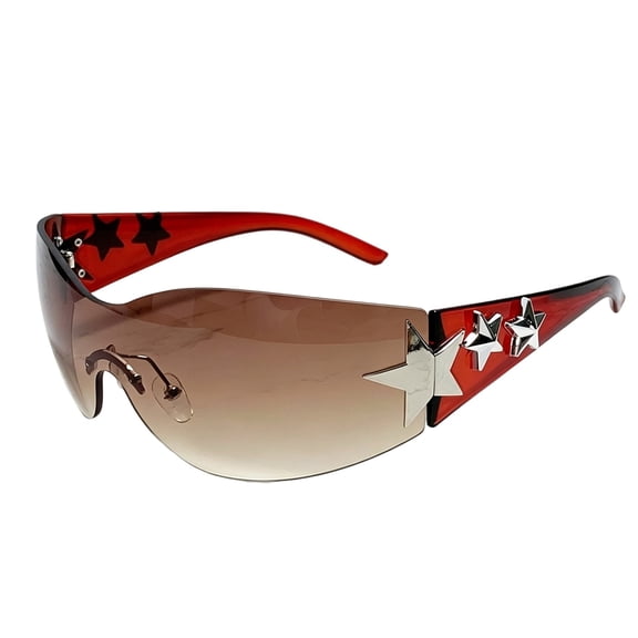 Star Decor Rimless Sunglasses, Shield-Style UV400 Protection Sunglasses with Metallic Star Accents, Trendy Wraparound Sunglasses for Women, Streetwear Eyewear