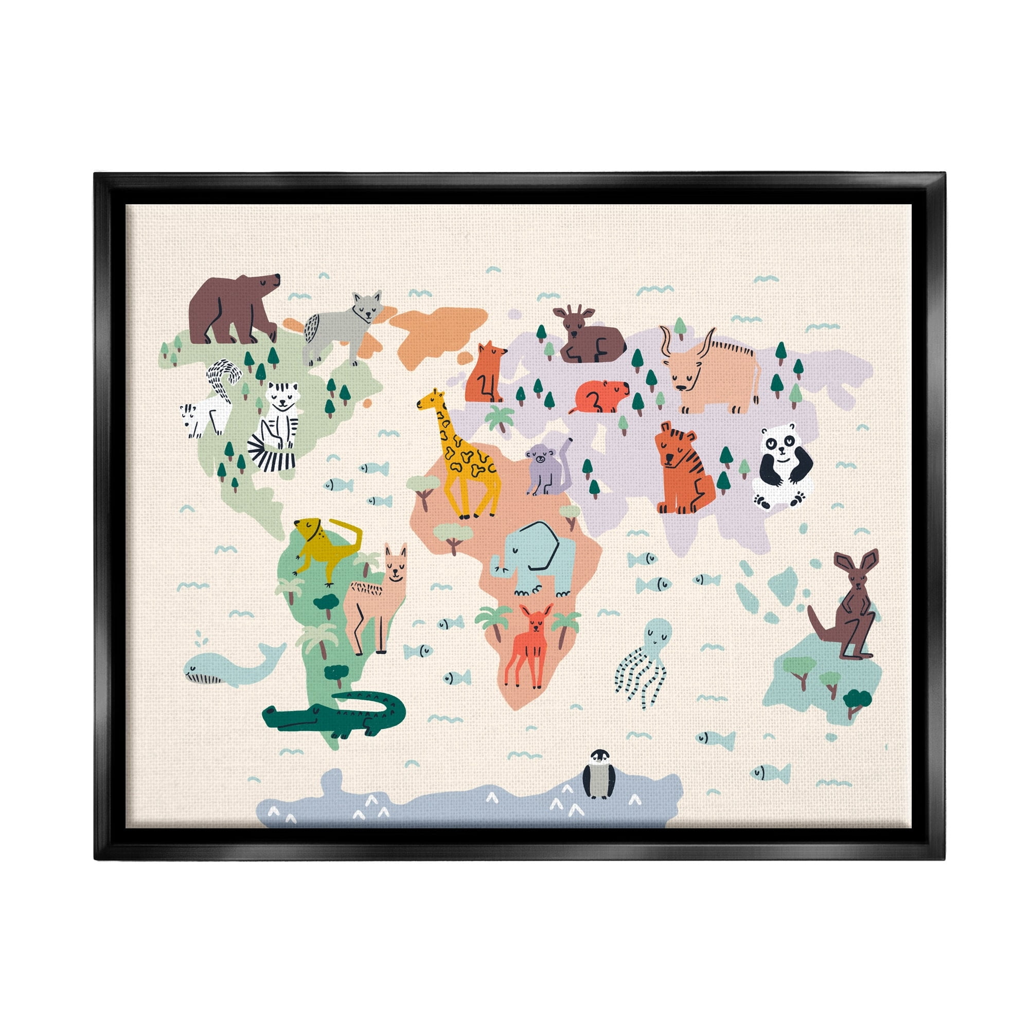 Stupell Industries Educational World Map Native Animals Wildlife Chart Graphic Art Luster Gray Floating Framed Canvas Print Wall Art, Design by Dominika Godette
