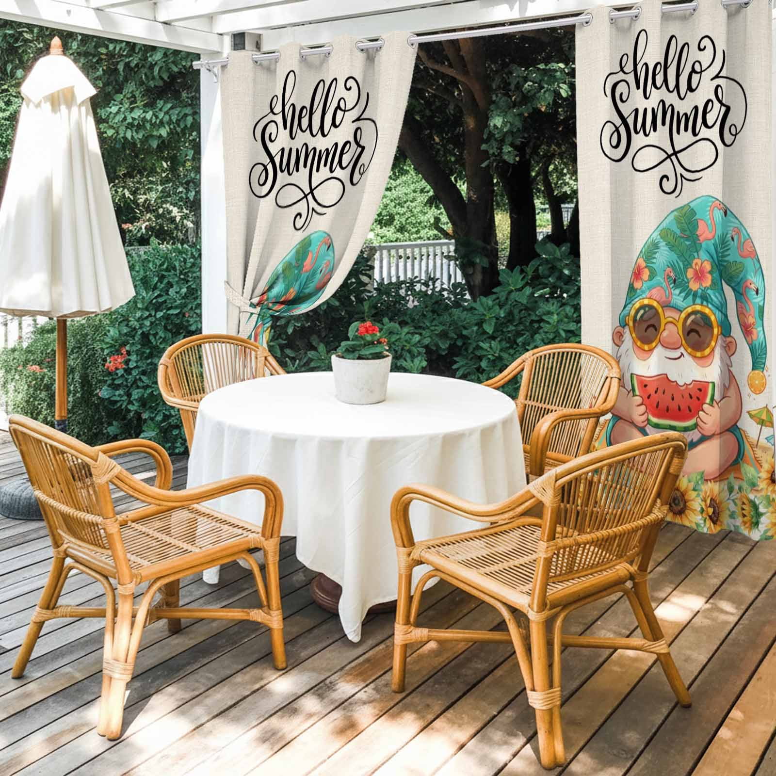 Hello Summer Outdoor Curtains for Patio Waterproof, Grommet Outdoor Privacy Panels, Cute Gnomes Watermolen Sunflowers Tropical Plants Weatherproof Outside Curtains for Porch 54"Wx108"L, 1 Panel