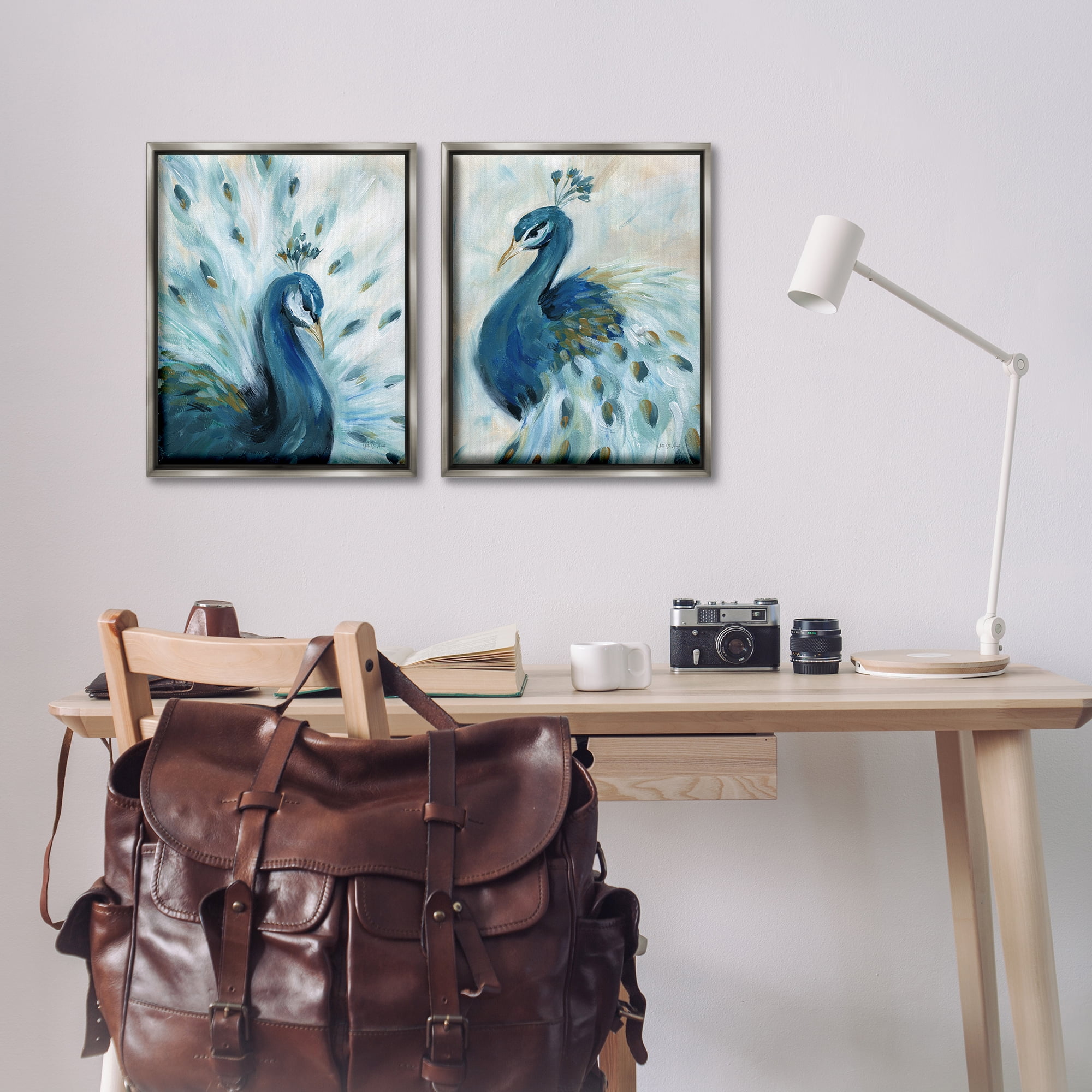 Stupell Industries Gentle Pretty Peacocks Animals Painting Gray Floater Framed Canvas Art Print Wall Art, 17 x 21, Set of 2