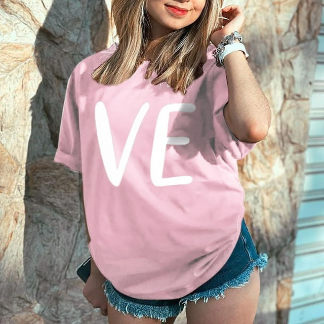 Hot Sale!! T-Shirts de la Saint-Valentin pour Femmes Imprimés Graphiques Mignons Léopard Cœur T-Shirts Décontractés Manches Courtes Col Rond Rose + S