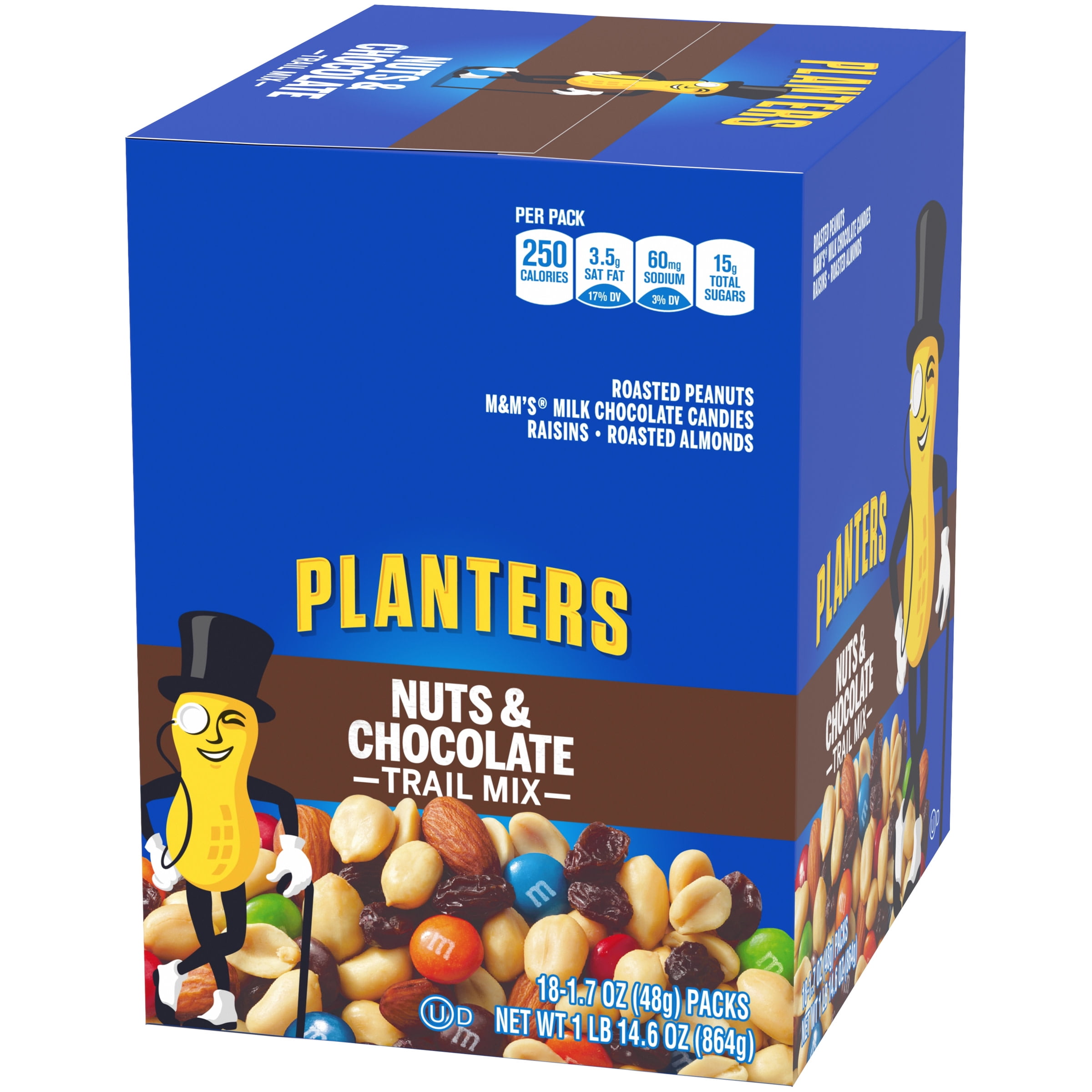 Planters Nuts & Chocolate Trail Mix Roasted Peanuts, M&M Chocolate Candies, Raisins Roasted Almonds, 18 ct Box, 1.7 oz Packs